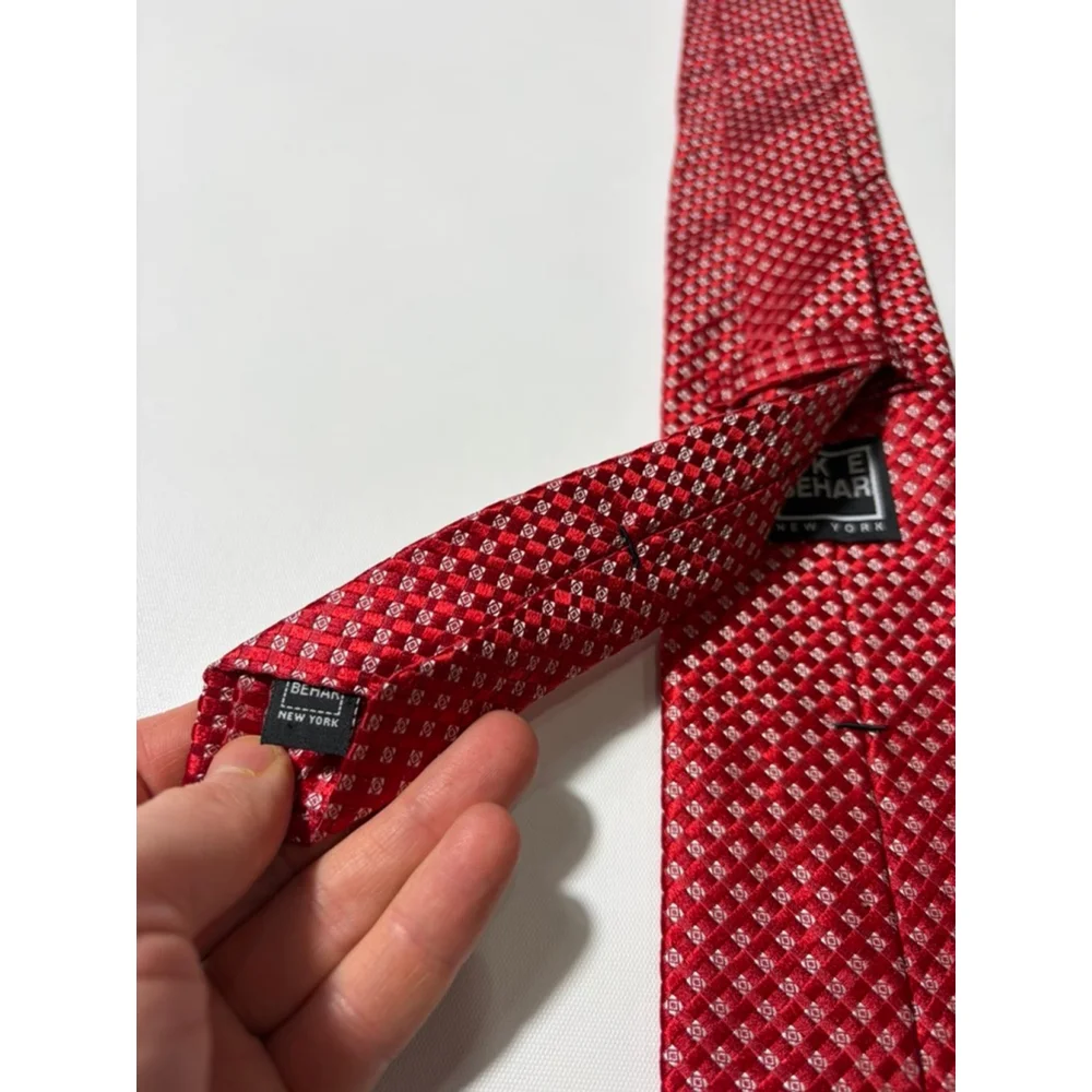 Ike Behar Red Geometric Check Silk Tie Hand Tailored Classic Business Wedding